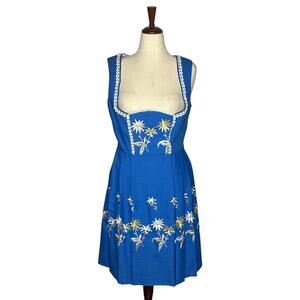 Vintage Dirndl Dress Womens L Blue Balcony Embroidered Floral 60s Handmade